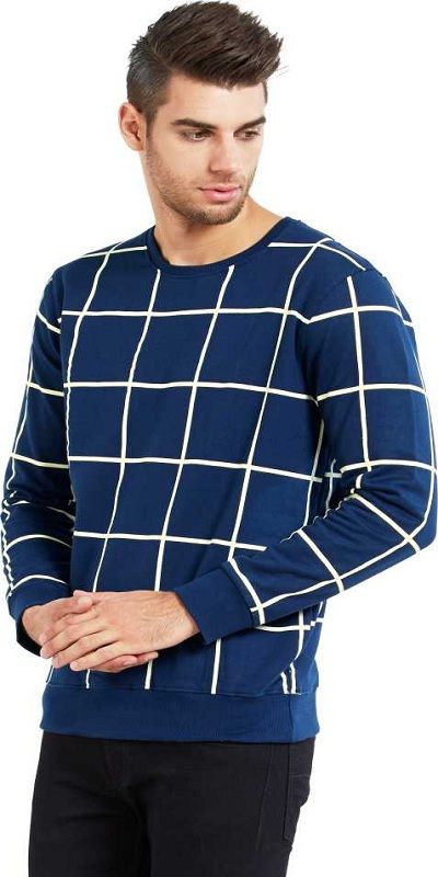 Checkered Men Round Neck Dark Blue T-Shirt